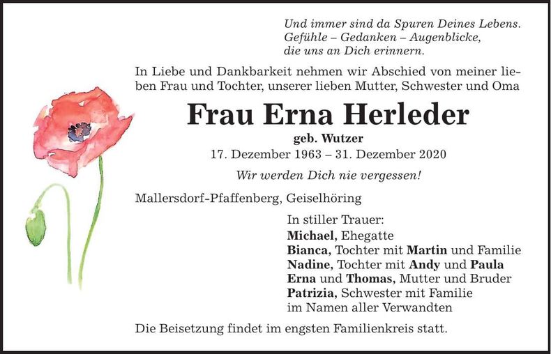 Traueranzeige Erna Herleder