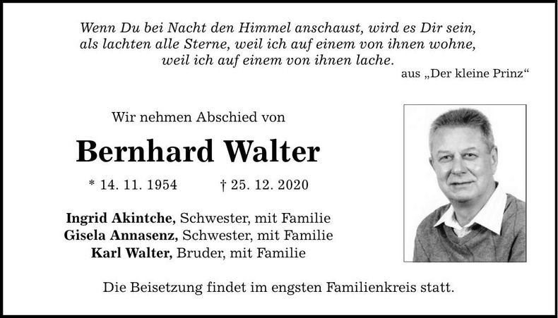 Traueranzeige Bernhard Walter