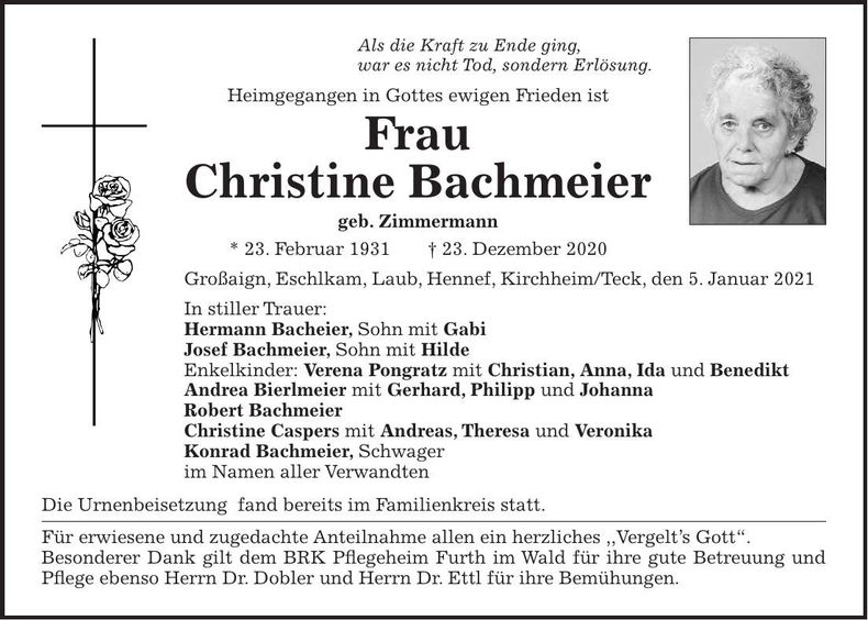 Traueranzeige Christine Bachmeier