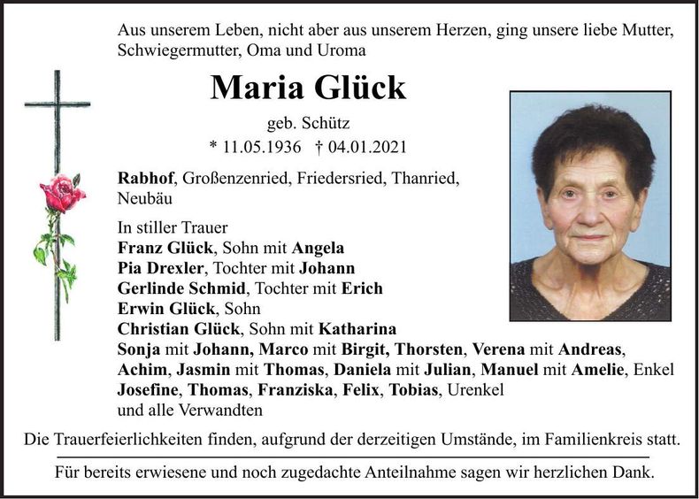 Traueranzeige Maria Glück