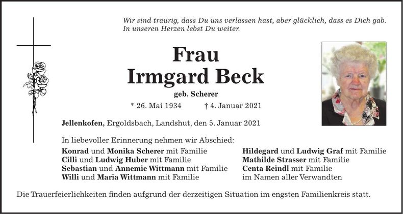 Traueranzeige Irmgard Beck