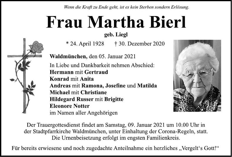 Traueranzeige Martha Bierl