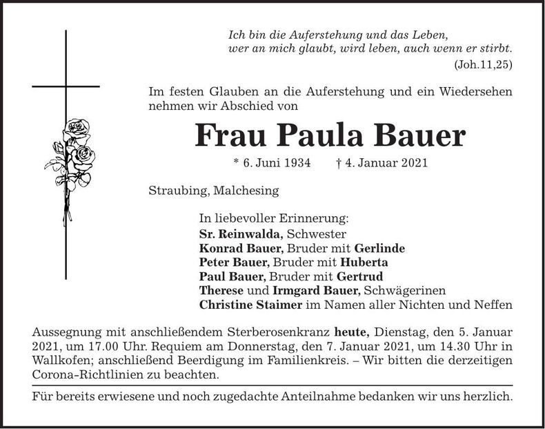 Traueranzeige Paula Bauer