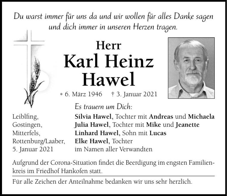 Traueranzeige Karl Heinz Hawel