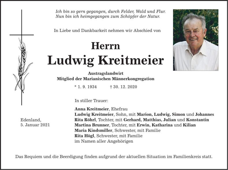 Traueranzeige Ludwig Kreitmeier