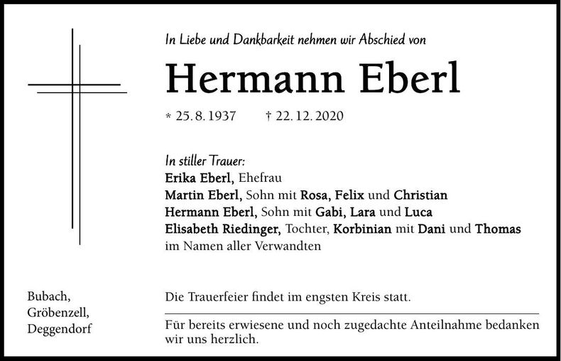 Traueranzeige Hermann Eberl