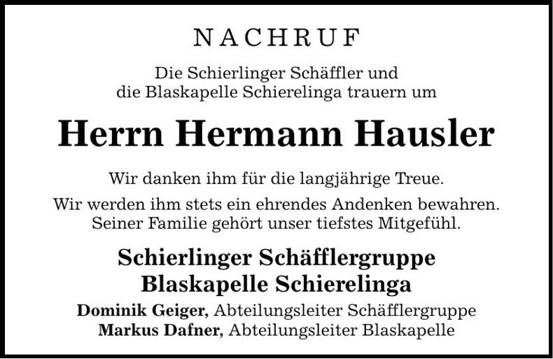 Traueranzeige Hermann Hausler