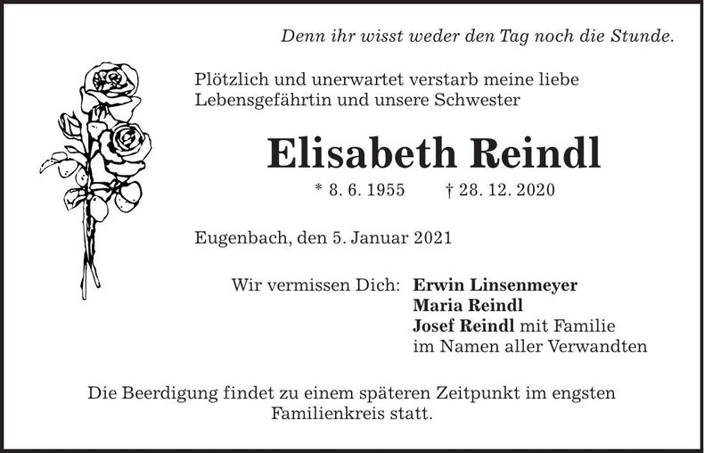 Traueranzeige Elisabeth Reindl