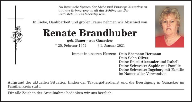 Traueranzeige Renate Brandhuber