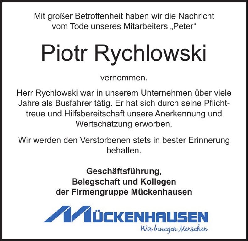 Traueranzeige Piotr Rychlowski
