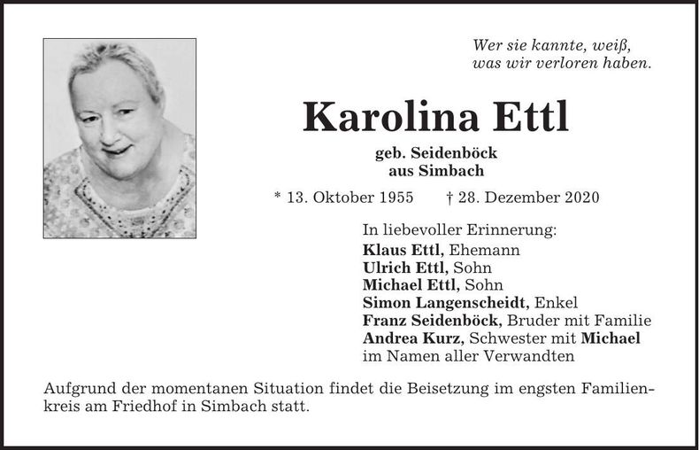 Traueranzeige Karolina Ettl