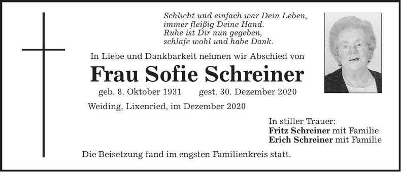 Traueranzeige Sofie Schreiner