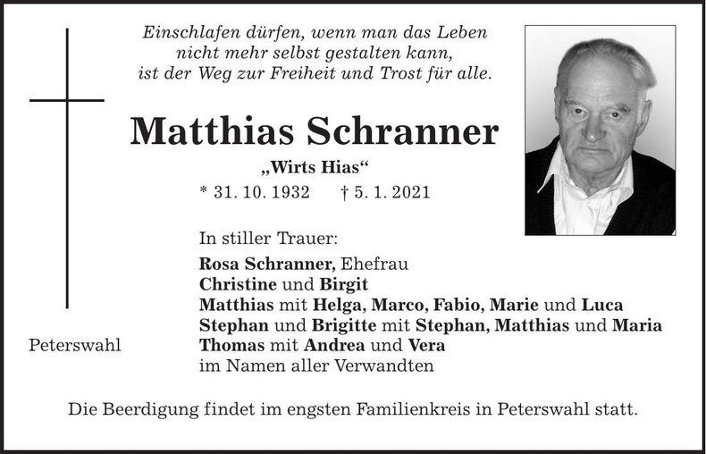 Traueranzeige Matthias Schranner