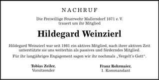 Traueranzeige Hildegard Weinzierl