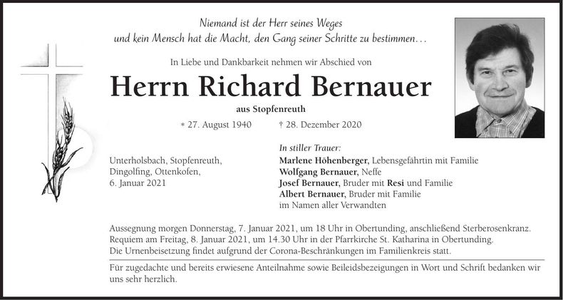 Traueranzeige Richard Bernauer