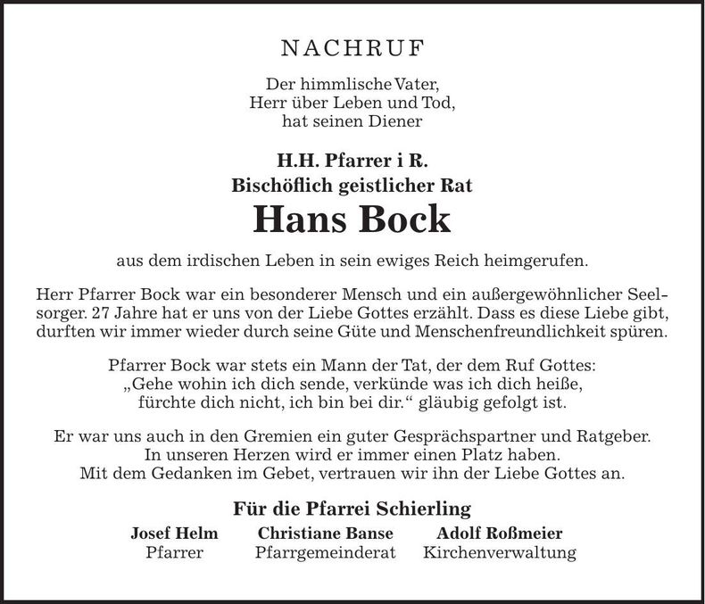 Traueranzeige Hans Bock