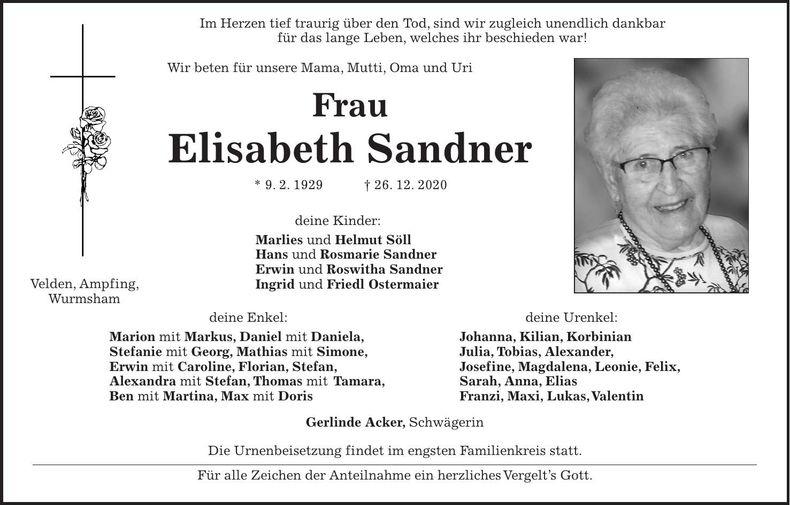 Traueranzeige Elisabeth Sandner