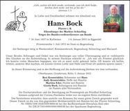 Traueranzeige Hans Bock
