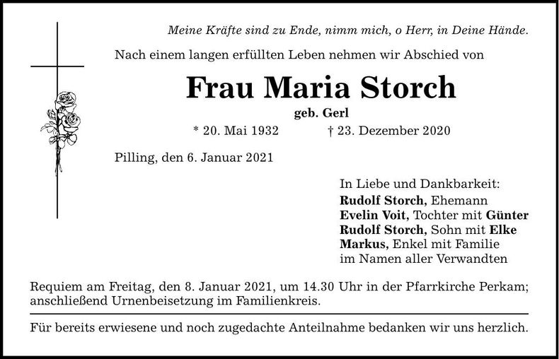 Traueranzeige Maria Storch