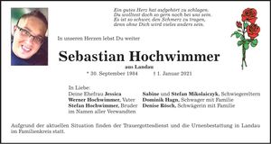 Traueranzeige Sebastian Hochwimmer