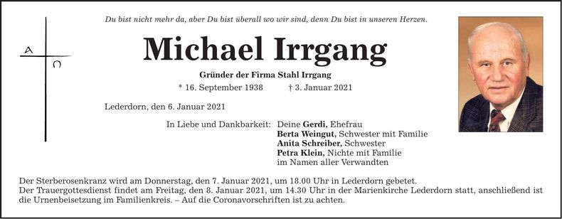 Traueranzeige Michael Irrgang