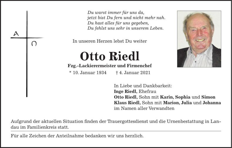 Traueranzeige Otto Riedl