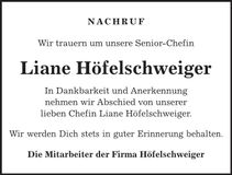 Traueranzeige Liane Höfelschweiger