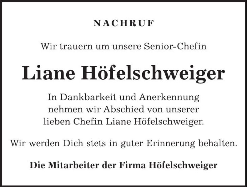 Traueranzeige Liane Höfelschweiger