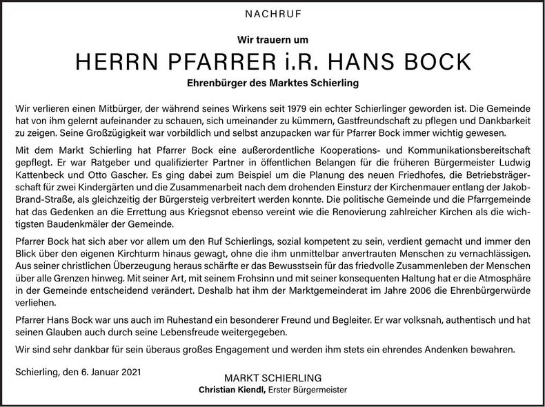 Traueranzeige Hans Bock