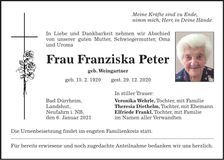 Traueranzeige Franziska Peter