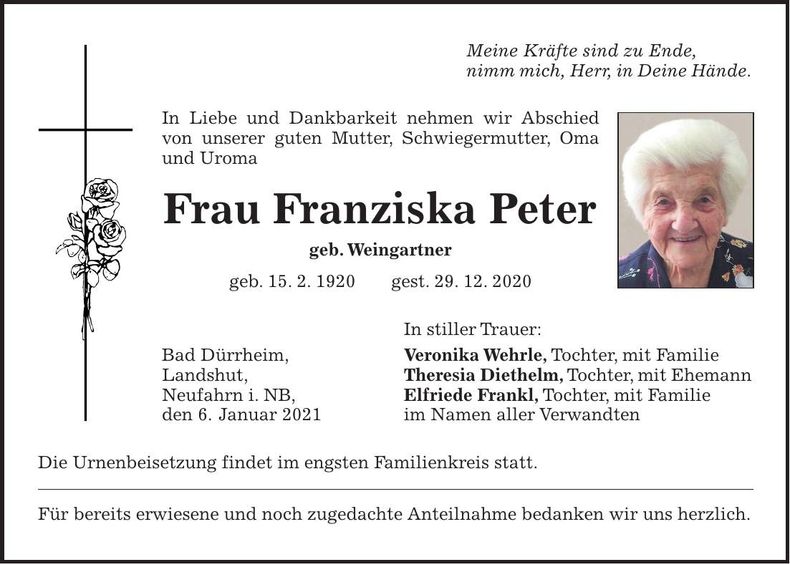 Traueranzeige Franziska Peter