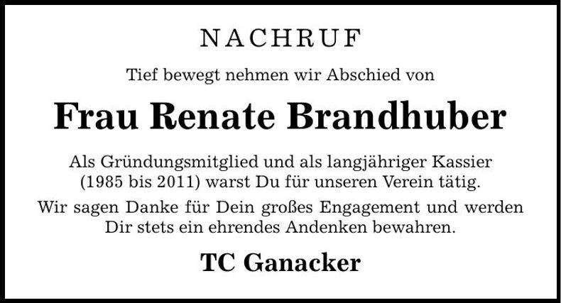Traueranzeige Renate Brandhuber