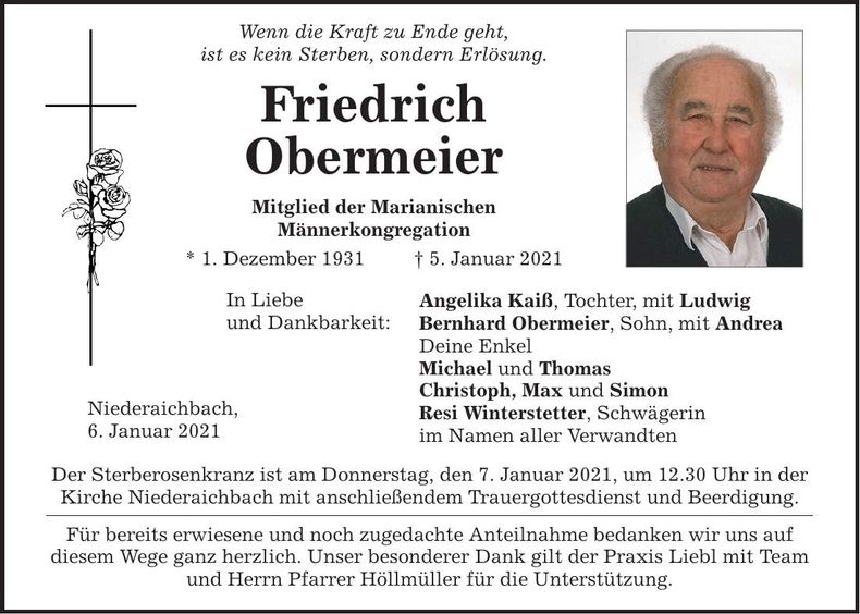Traueranzeige Friedrich Obermeier