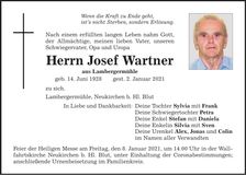 Traueranzeige Josef Wartner