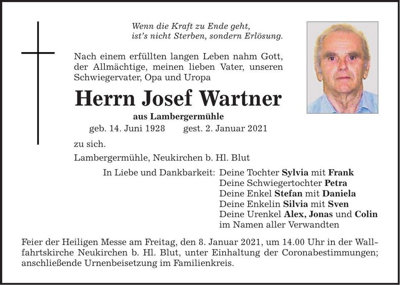 Traueranzeige Josef Wartner