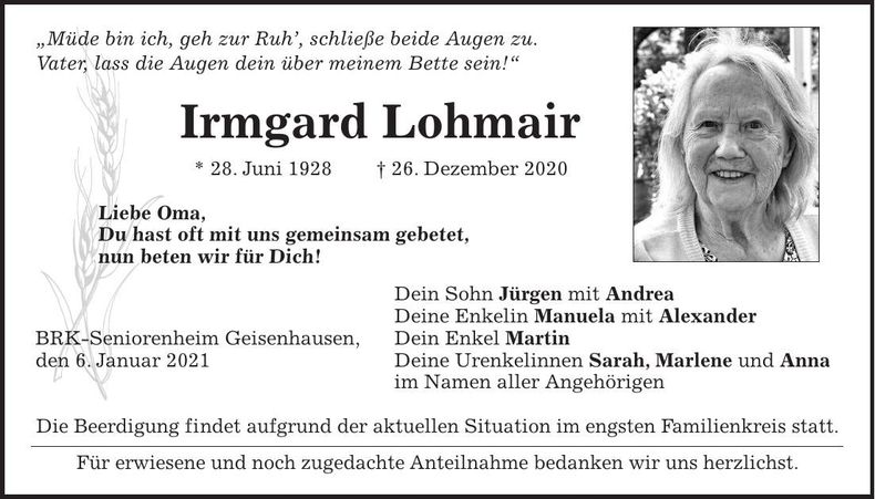 Traueranzeige Irmgard Lohmair