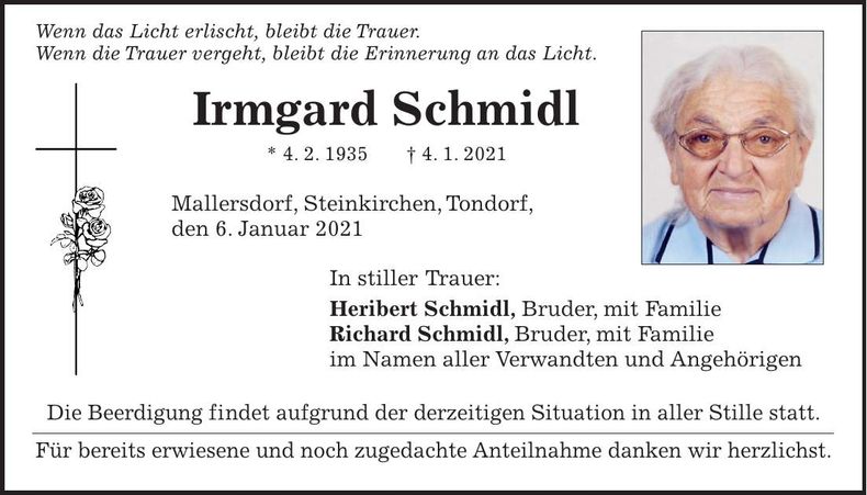 Traueranzeige Irmgard Schmidl