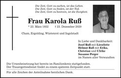 Traueranzeige Karola Ruß