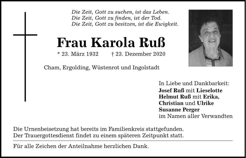 Traueranzeige Karola Ruß