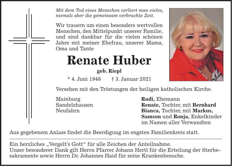 Traueranzeige Renate Huber