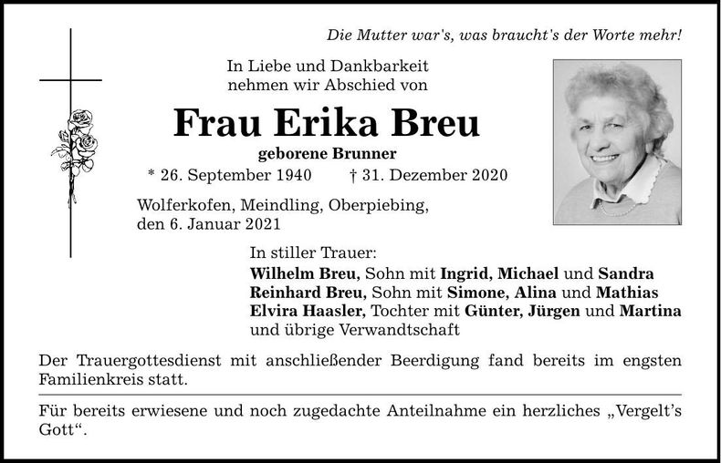 Traueranzeige Erika Breu