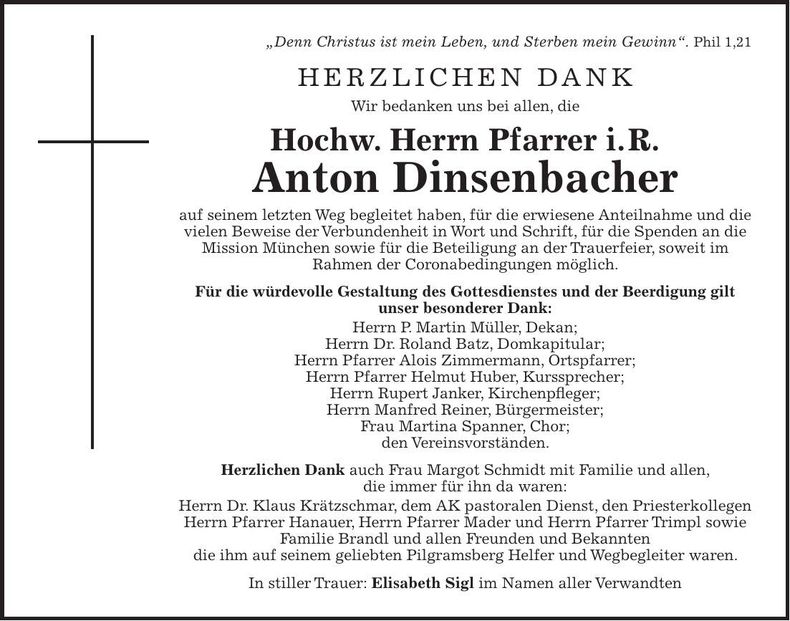 Traueranzeige Anton Dinsenbacher