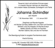 Traueranzeige Johanna Schindler