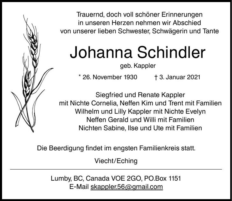 Traueranzeige Johanna Schindler