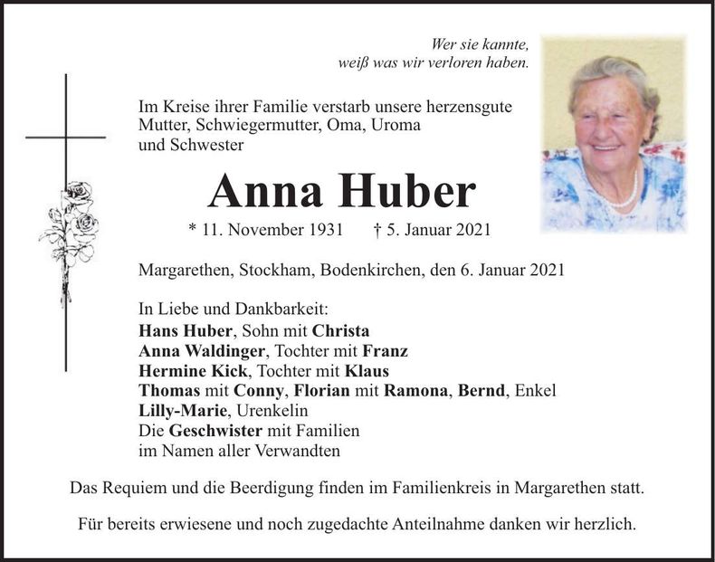Traueranzeige Anna Huber