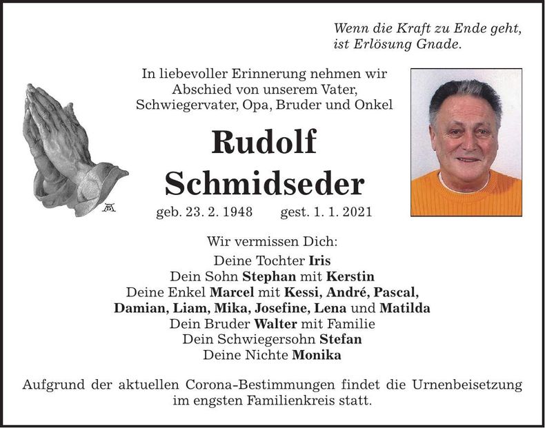 Traueranzeige Rudolf Schmidseder