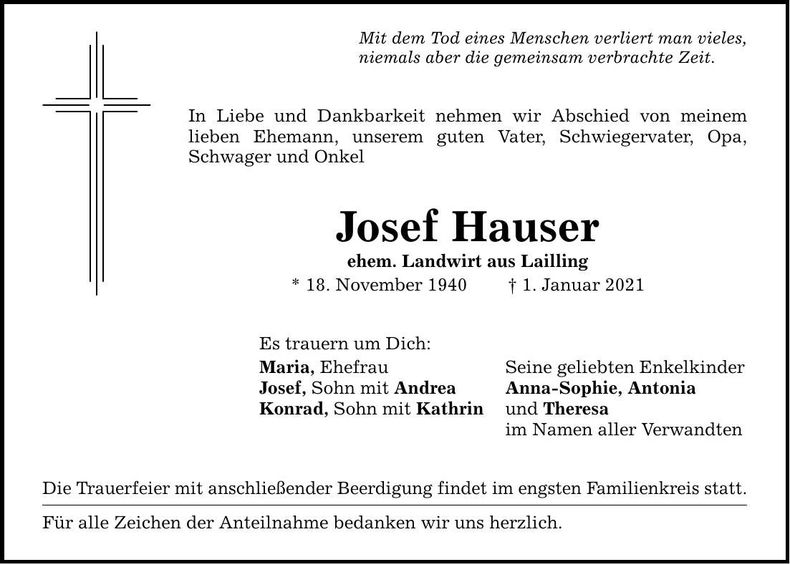 Traueranzeige Josef Hauser