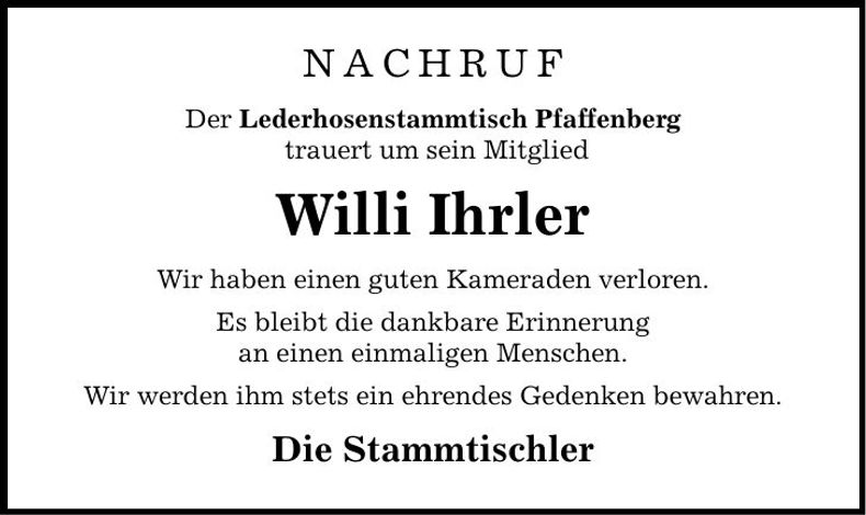 Traueranzeige Willi Ihrler
