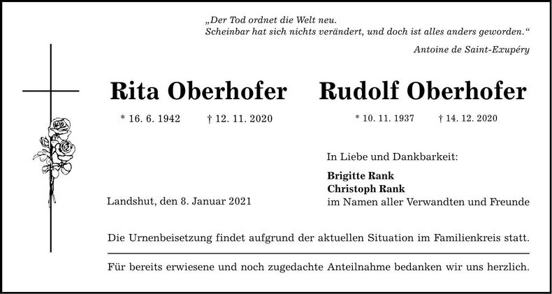 Traueranzeige Rita und Rudolf Oberhofer