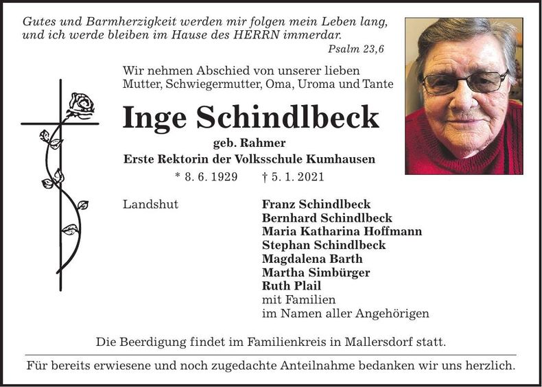 Traueranzeige Inge Schindlbeck